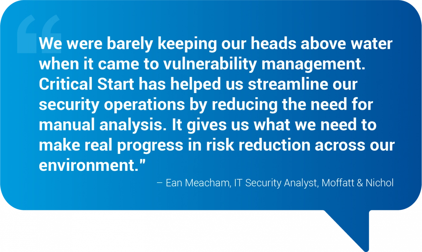 Quote from IT Security Analyst praising Critical Start for improving vulnerability management and reducing manual analysis.