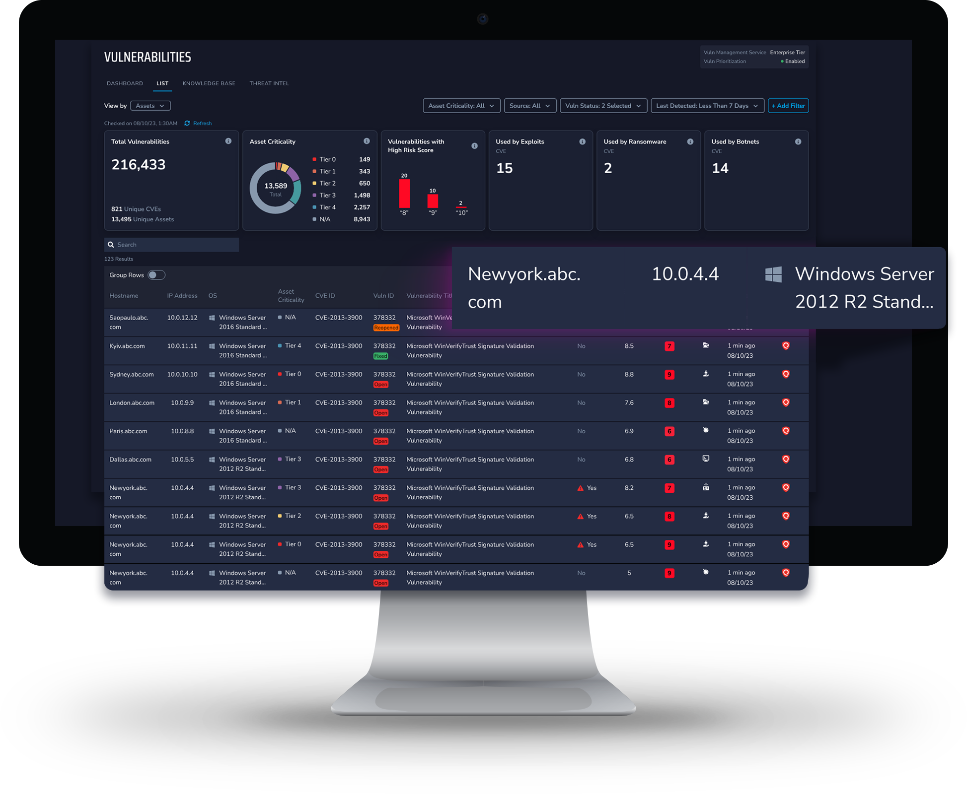 Platform interface showing assets sorted by risk score.