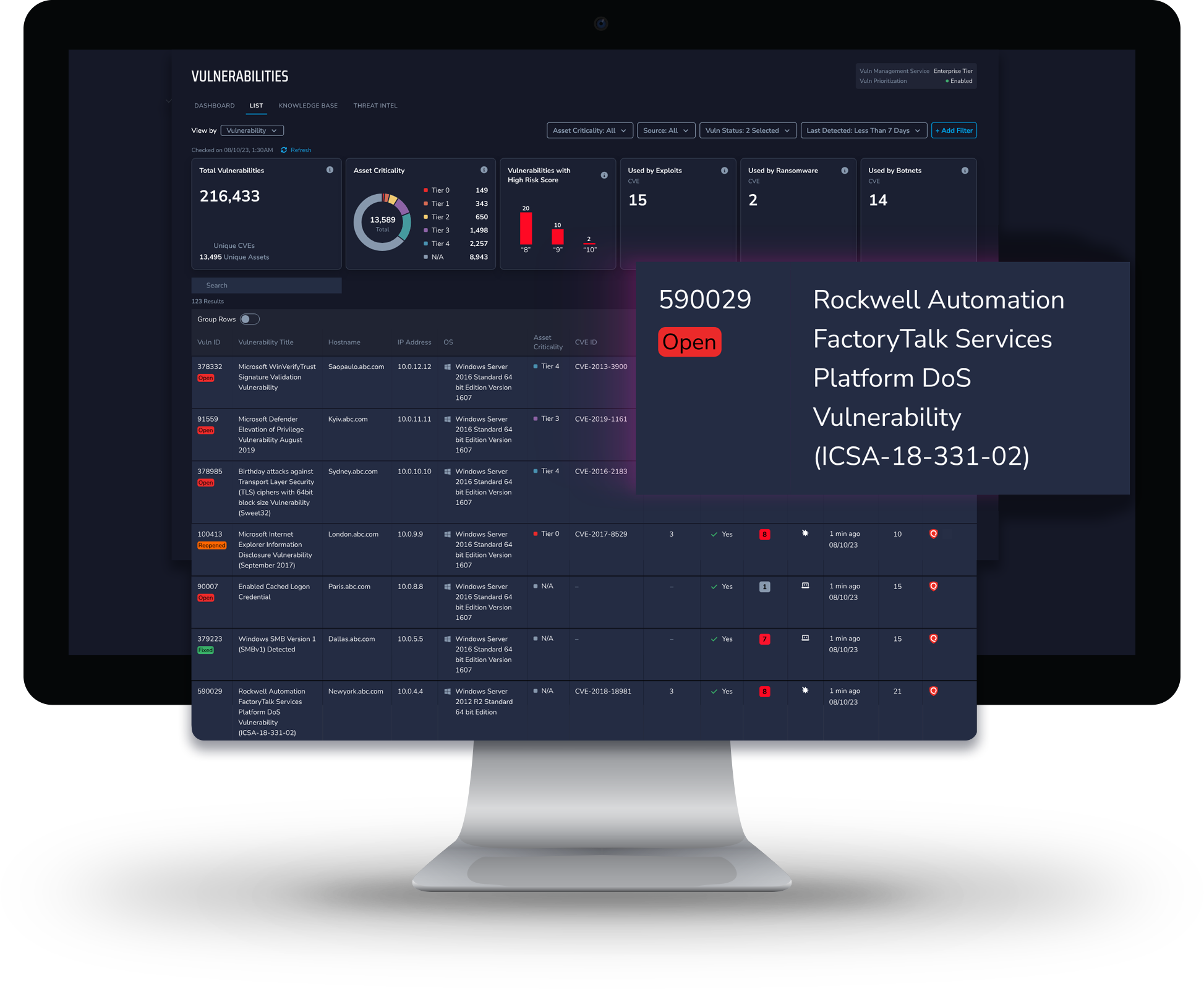 Screenshot of platform s View By Vulnerability interface with CVE data,